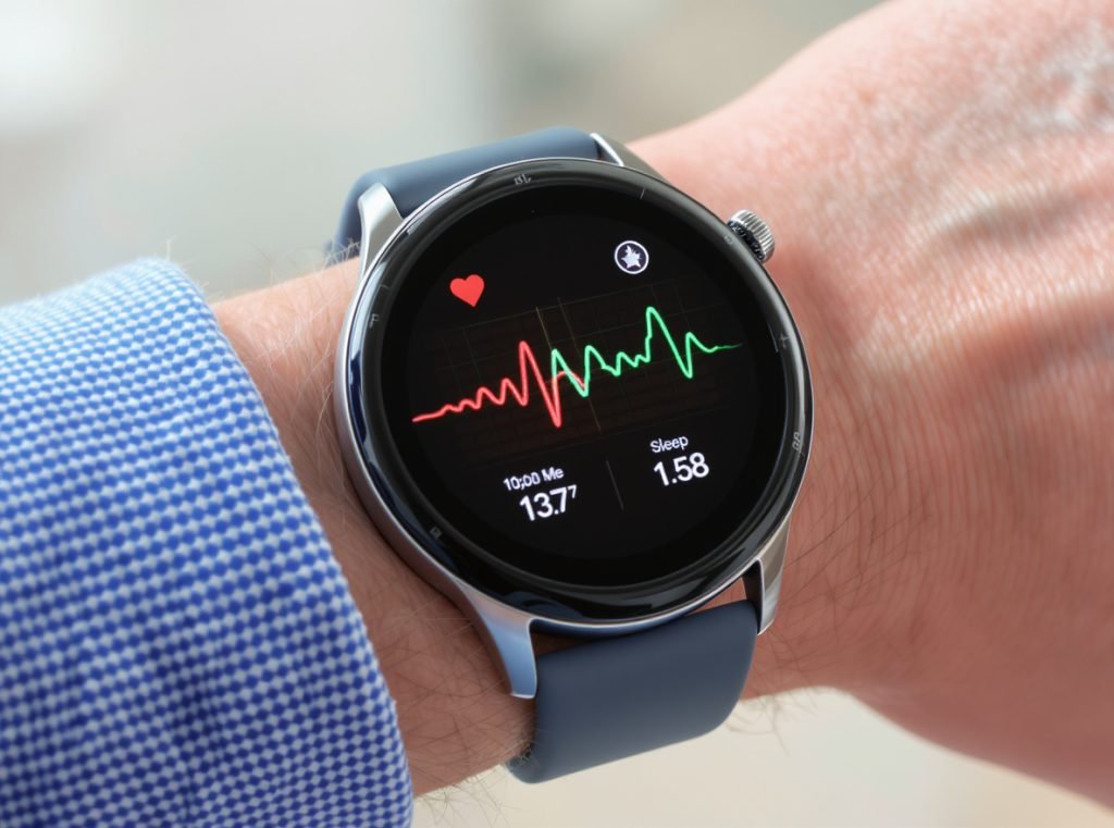 Senior smartwatch displaying essential health monitoring features including heart rate and blood pressure