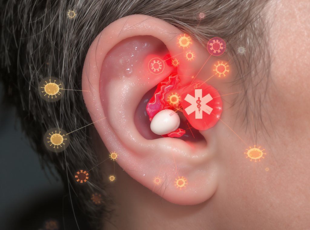 Ear canal infection caused by poor earbud hygiene and bacteria buildup