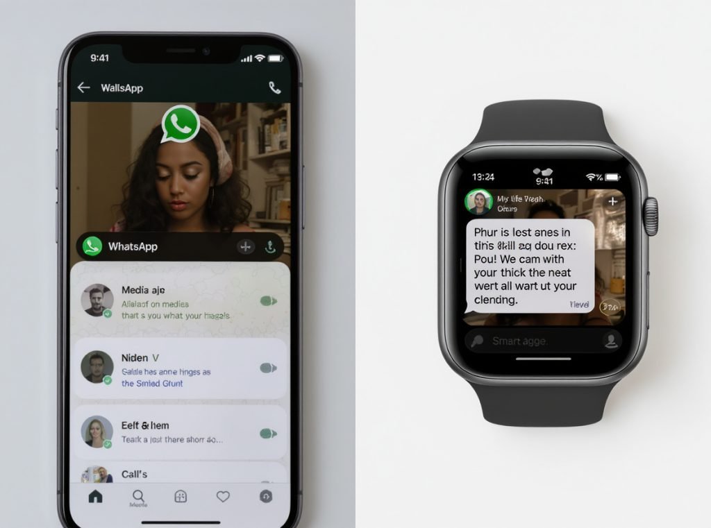 Comparison showing WhatsApp features on smartphone versus smartwatch limitations
