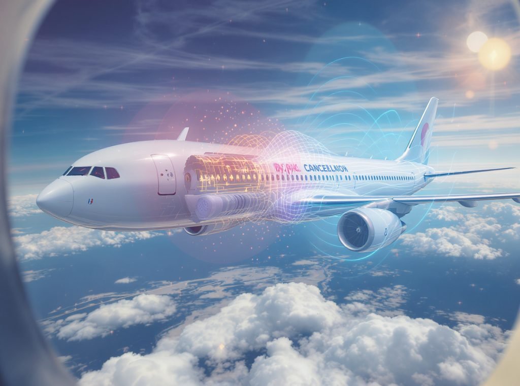Active noise cancellation technology blocking airplane engine noise for travel comfort