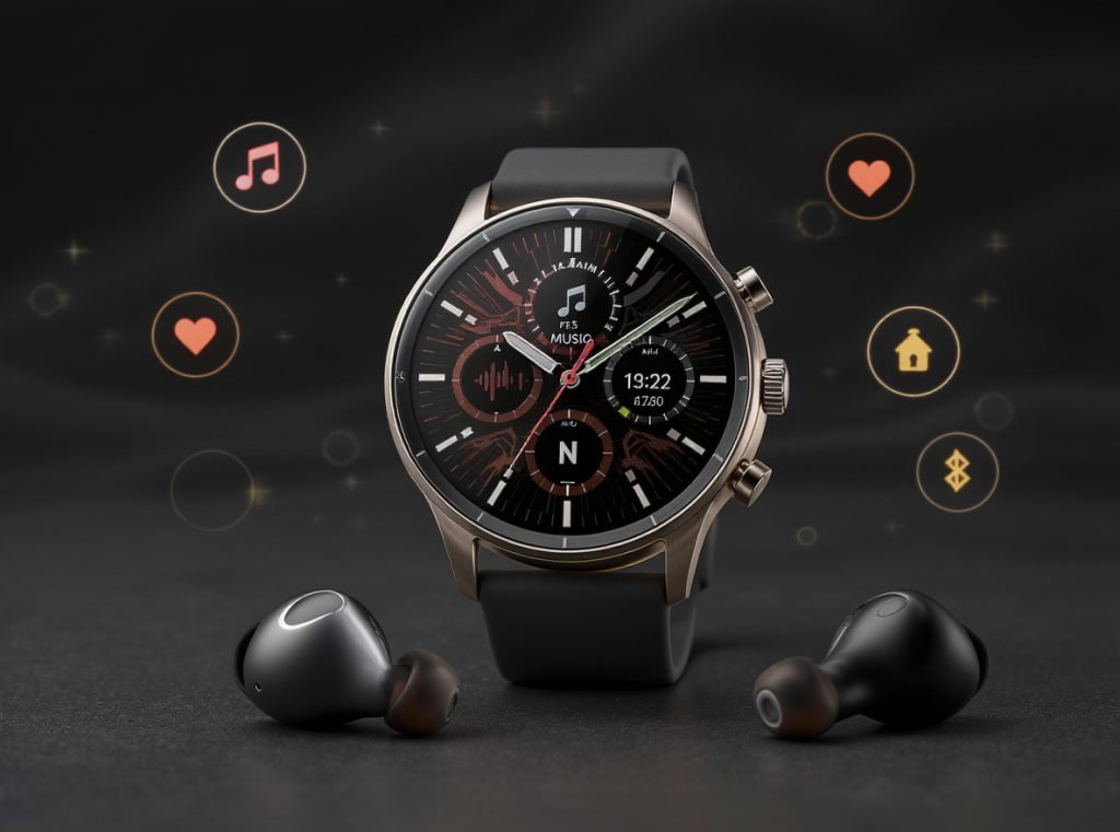 Advanced smartwatch features integrated with Bluetooth earbuds for fitness and music