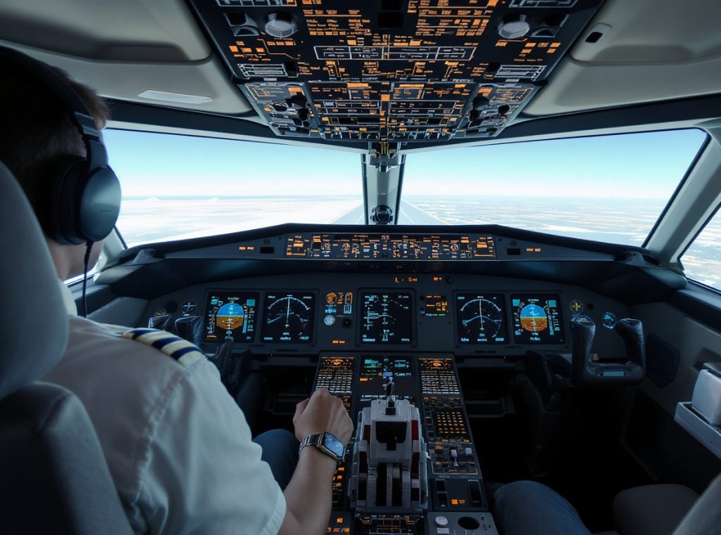 Pilot wearing smartwatch in airplane cockpit with navigation systems