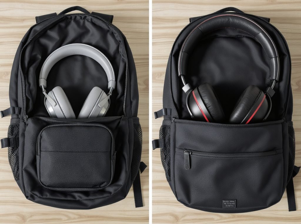Portability comparison showing travel case sizes for over-ear vs on-ear headphones