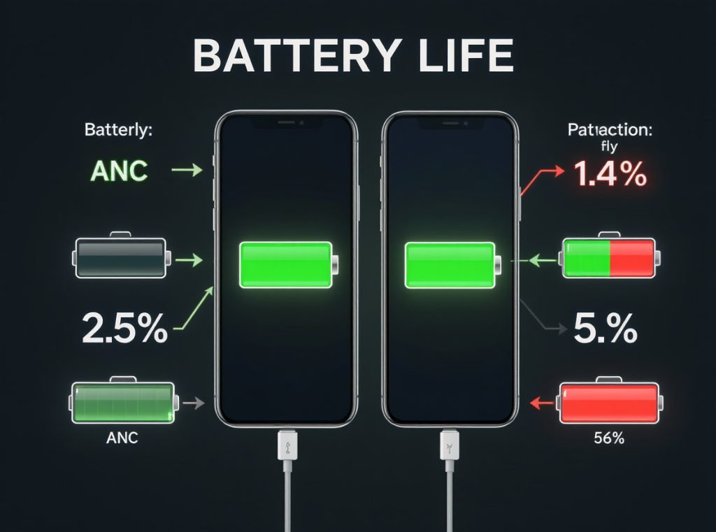 Battery life comparison showing power consumption difference between ANC and passive headphones