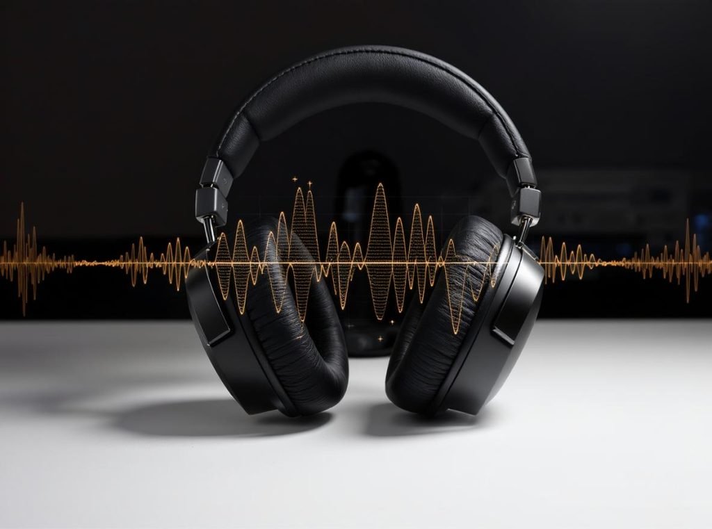 Professional headphones with frequency response analysis showing sound quality performance
