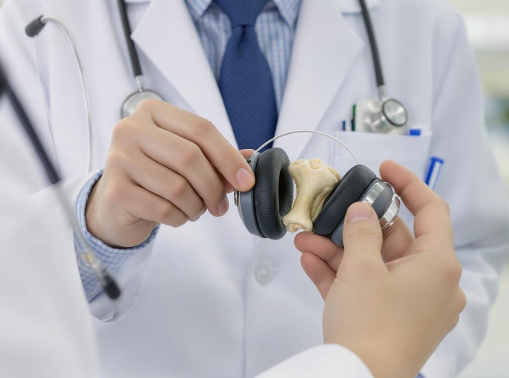 Healthcare professional evaluating bone conduction headphone safety