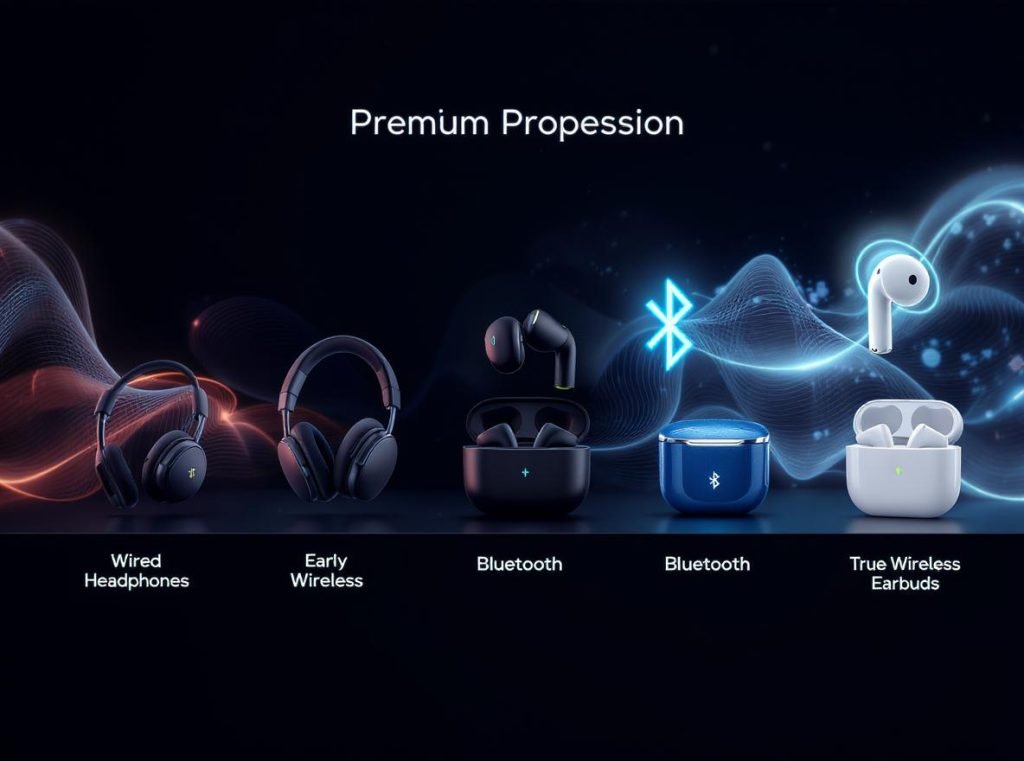 Technological evolution from wired to wireless to true wireless stereo headphones showing innovation progression
