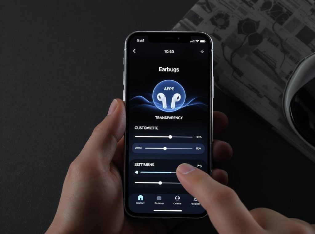 Smartphone app interface showing transparency mode activation and customization options