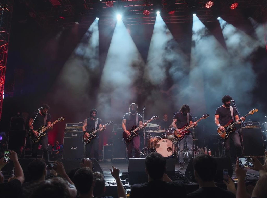 Professional band using in-ear monitors for improved stage performance quality