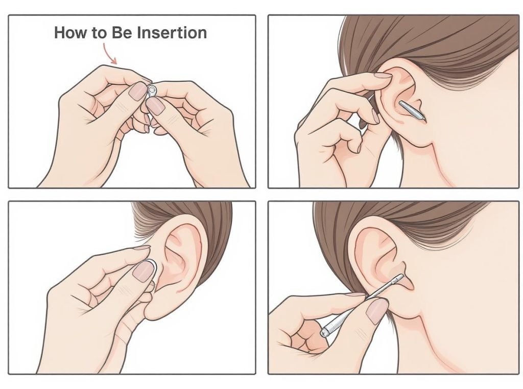 Step-by-step illustration of proper earbud fitting technique to reduce occlusion