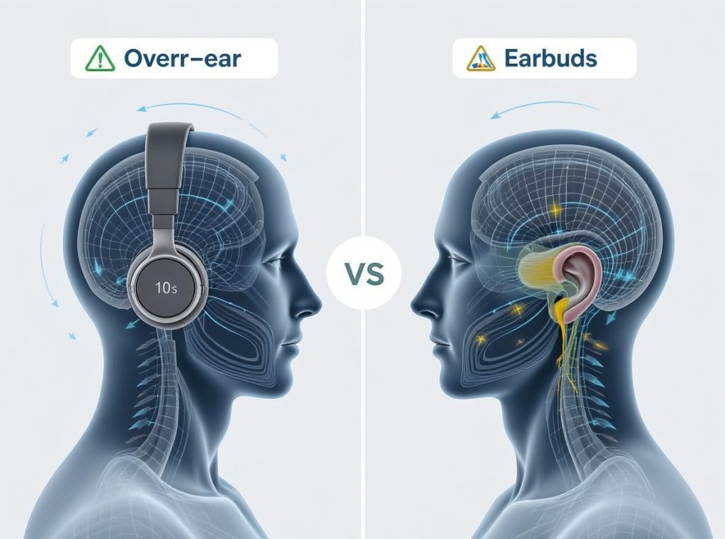 Health comparison diagram showing airflow differences between over-ear headphones and earbuds