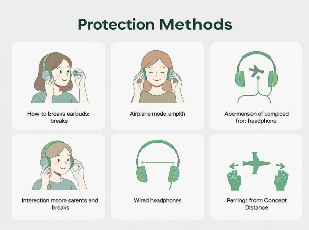 visual guide showing multiple methods to reduce EMF exposure from wireless earbuds and bluetooth devices