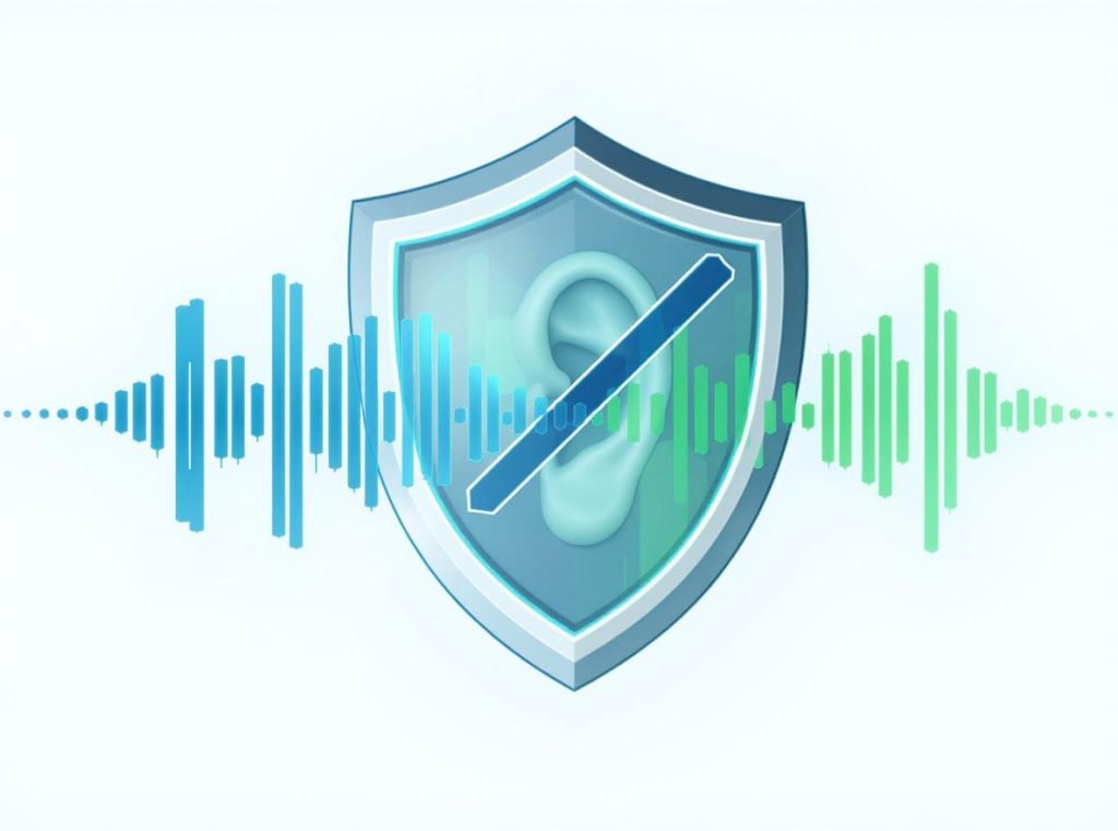 Shield protecting ear from noise with volume reduction showing hearing protection benefits