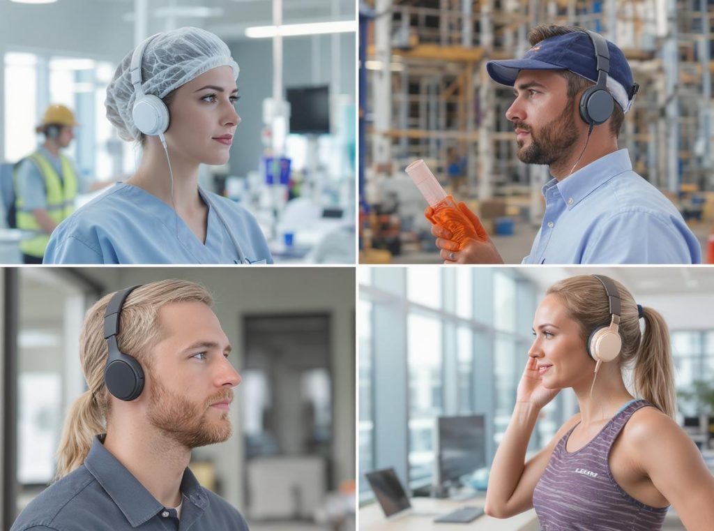 Professional workers in various industries benefiting from bone conduction headphones health features