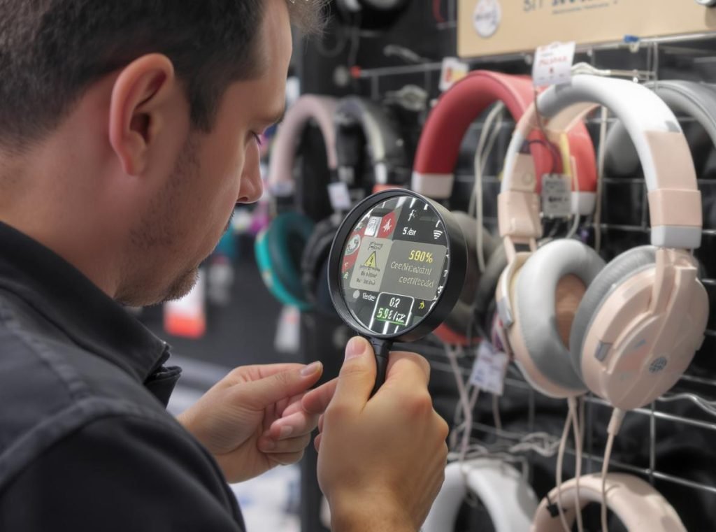 Parent evaluating children's headphones safety features including volume limiters and comfort padding