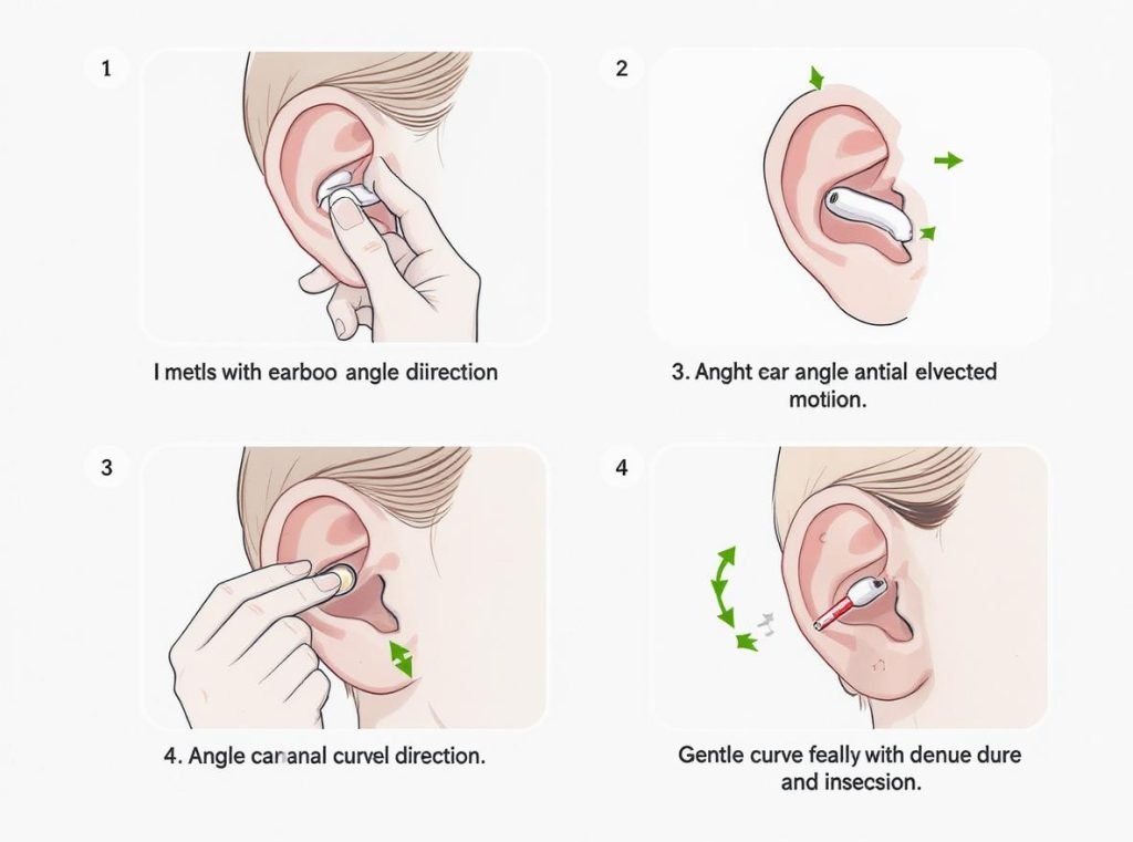 Step-by-step guide showing proper safe earbud insertion technique and hand positioning
