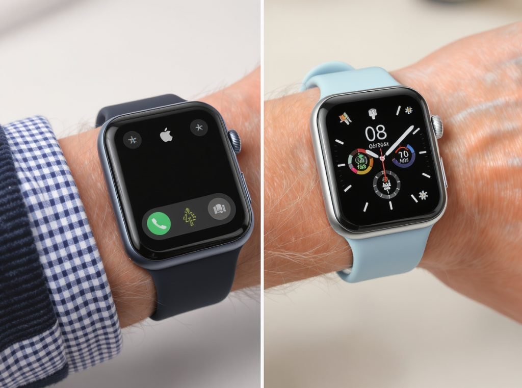 Comparison between Apple Watch and specialized senior smartwatch showing interface differences
