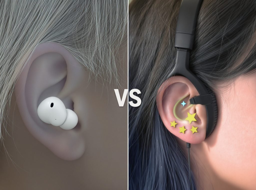 Safety comparison between earbuds and over-ear headphones showing protection levels