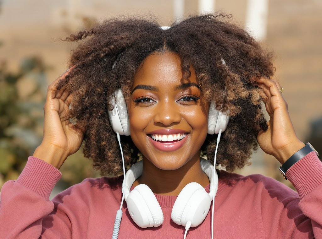 Person with permed curly hair safely using bone conduction headphones