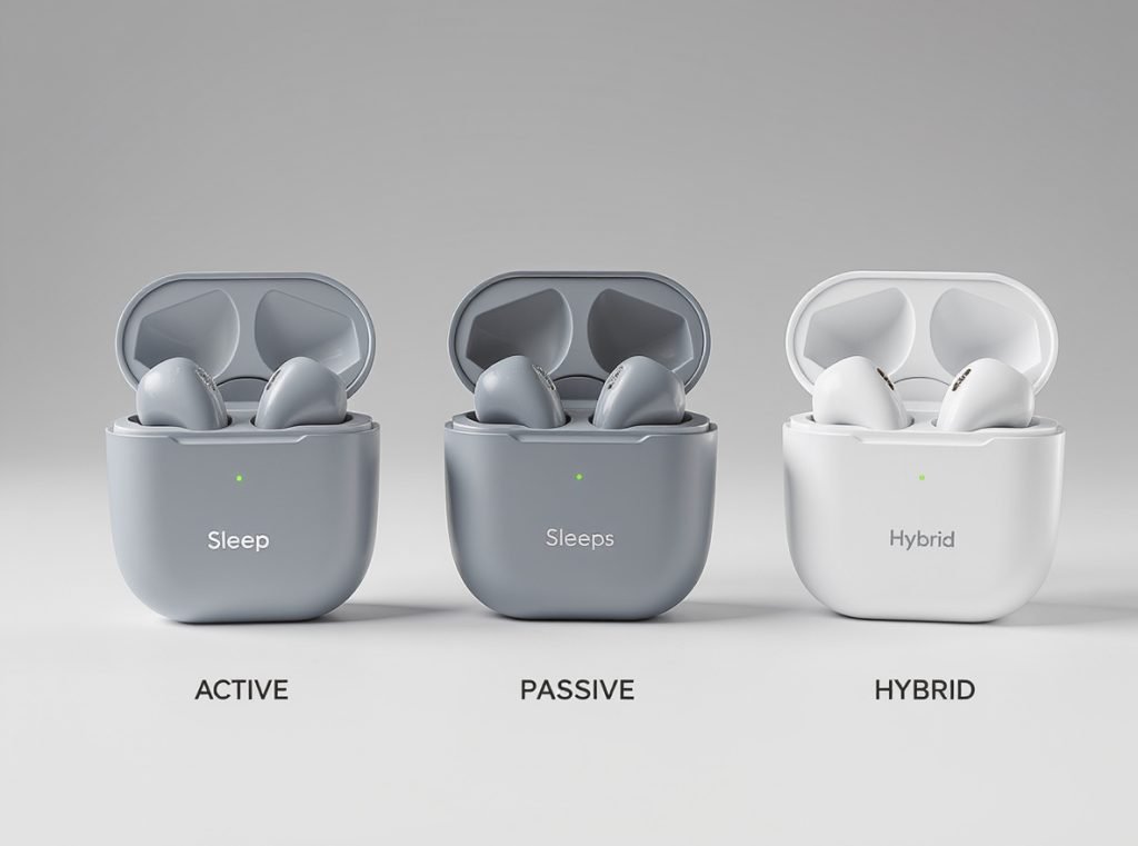Three types of sleep earbuds for blocking snoring - ANC, passive, and hybrid models