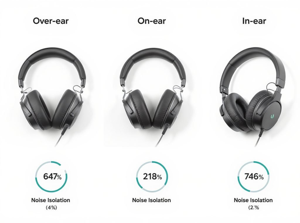Headphone form factor comparison showing over-ear, on-ear, and in-ear noise cancellation differences