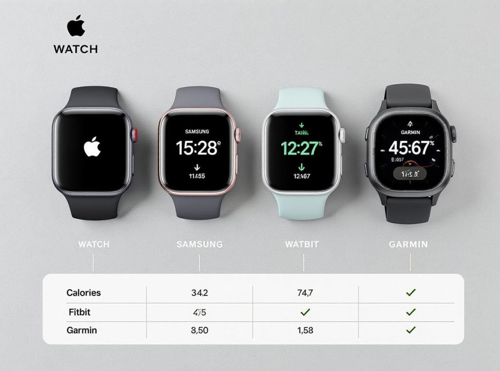 Smartwatch brand comparison showing different calorie calculations from Apple Watch, Samsung, Fitbit, and Garmin