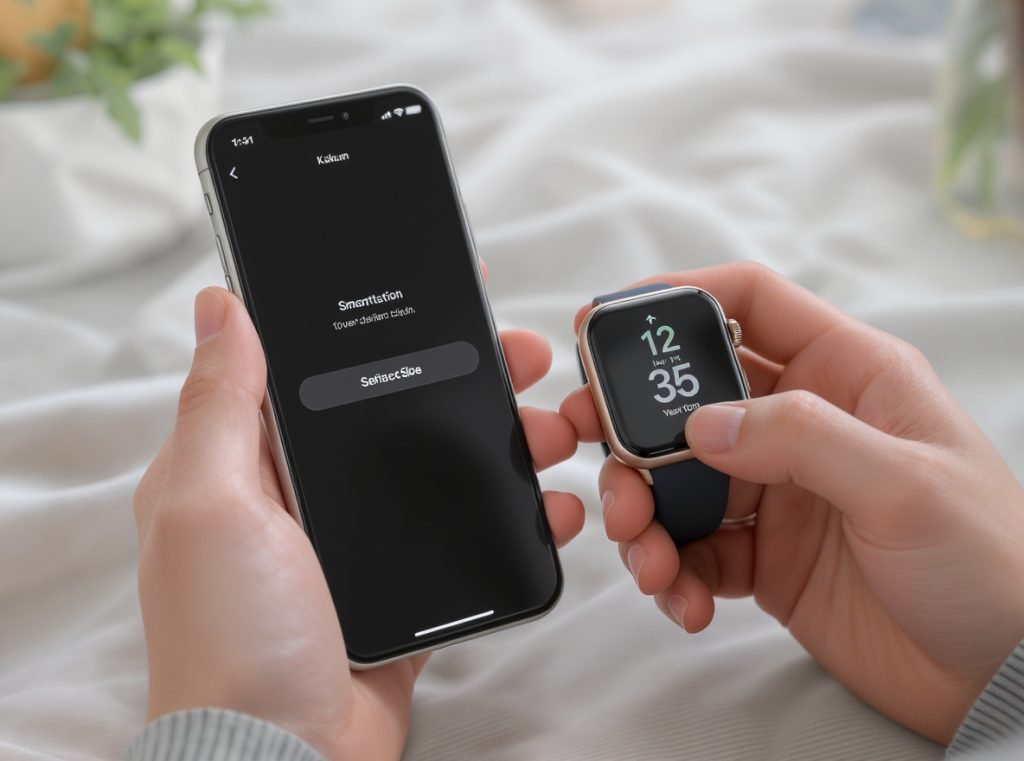 Smartwatch setup process showing phone and watch pairing for carrier activation