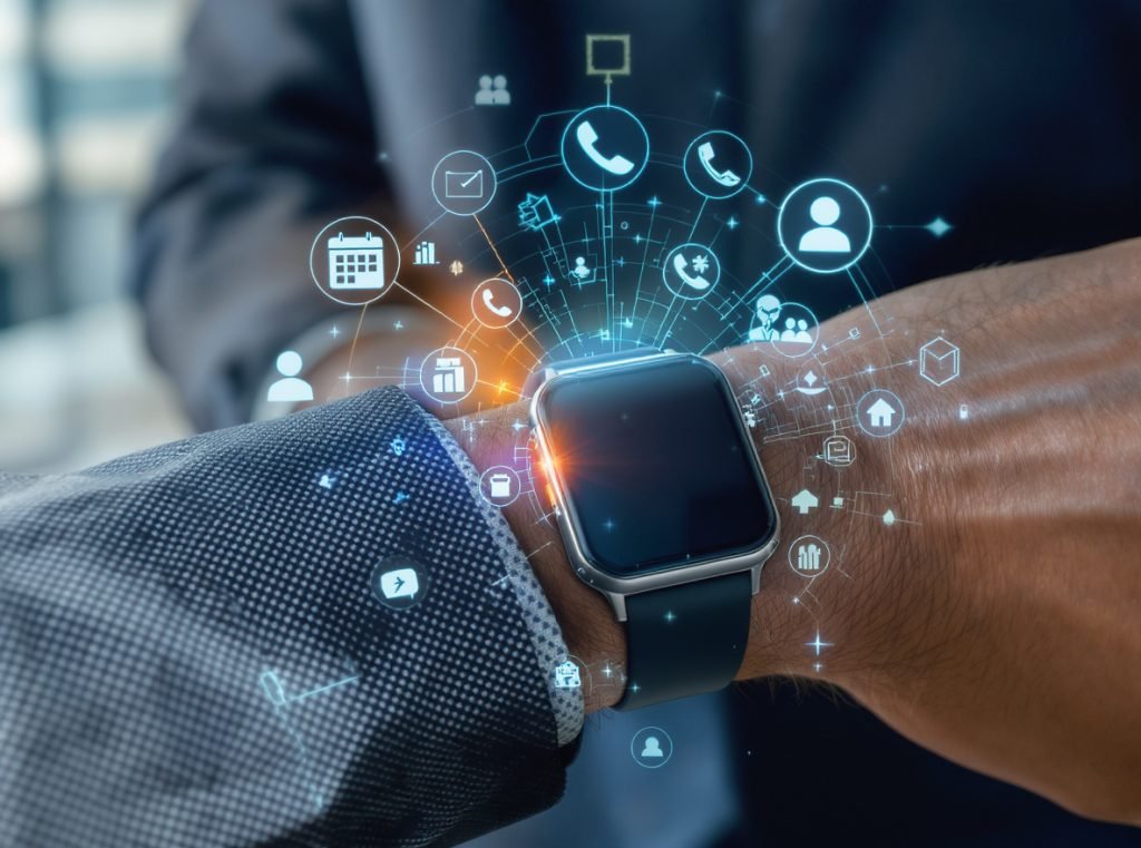 Business professional using standalone smartwatch for productivity and health monitoring