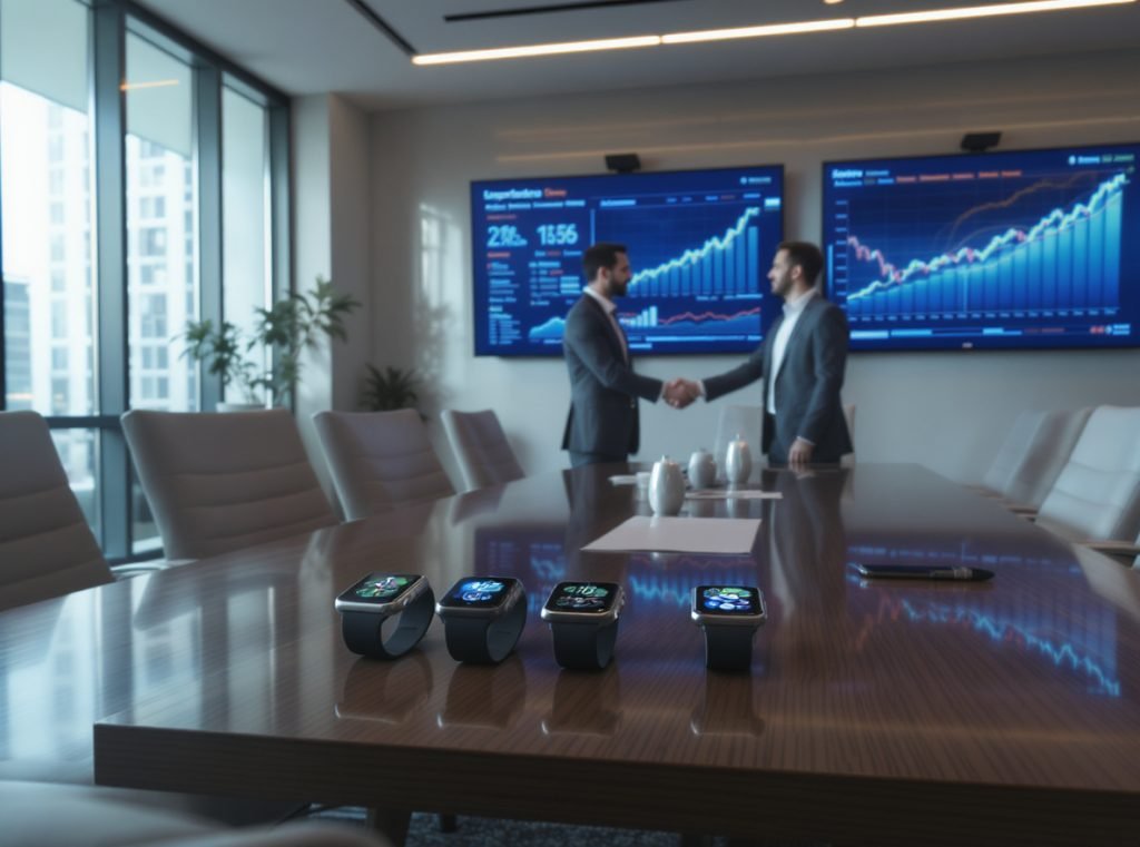 Wholesale smartwatch business meeting showing market growth and sourcing opportunities