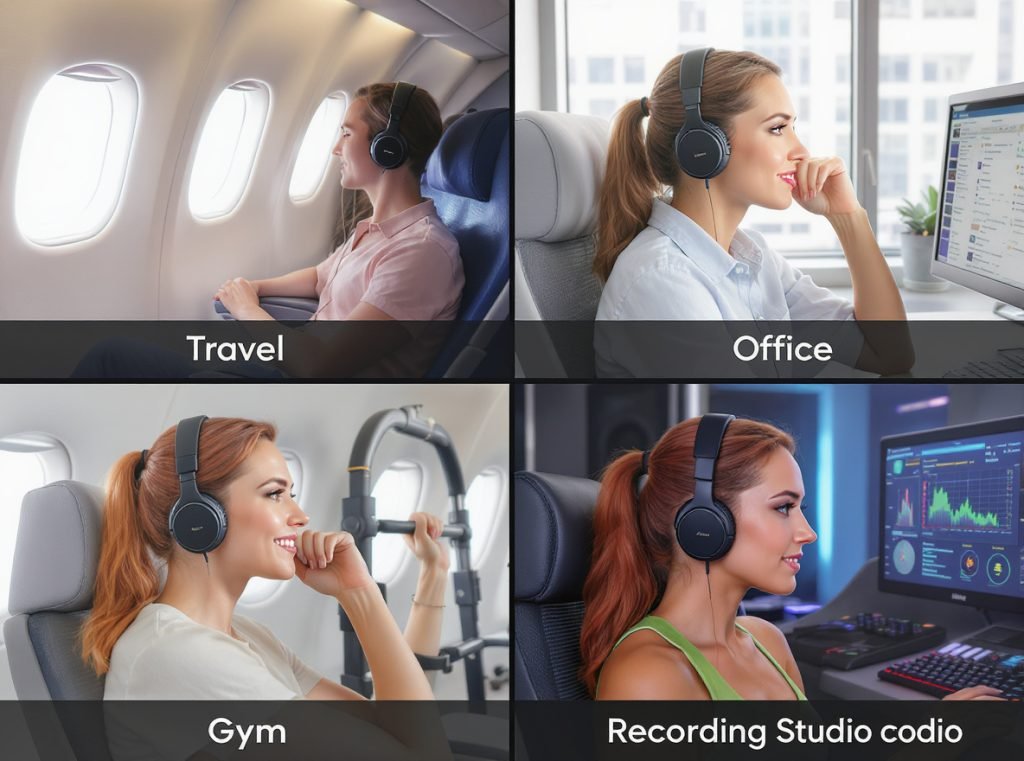 Different use case scenarios showing optimal headphone technology choices for travel, office, fitness, and professional audio