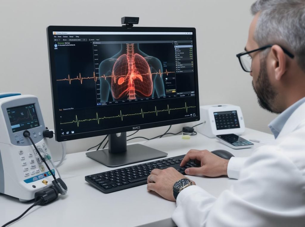 Doctor testing smartwatch pacemaker compatibility in medical clinic setting