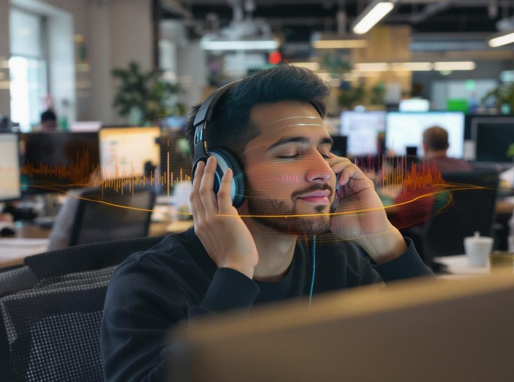 Person using noise-cancelling headphones for concentration in noisy office environment without music