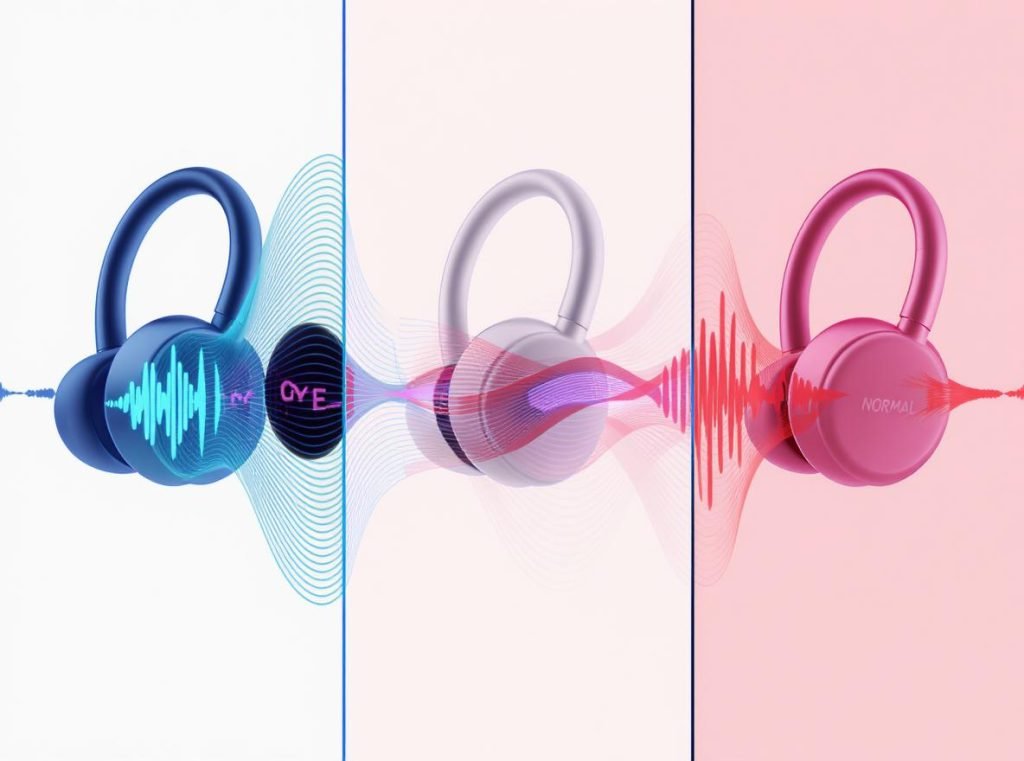 Visual comparison of transparency mode versus noise canceling and normal earbud modes