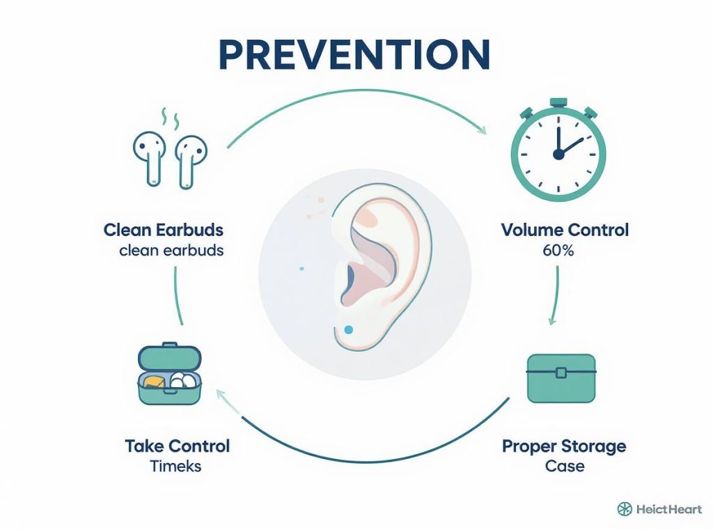 Prevention guide showing best practices for safe earbud use and ear health protection