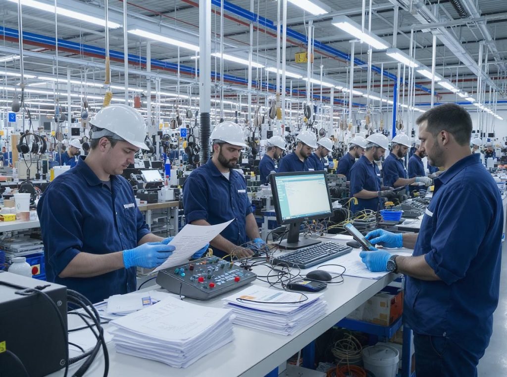 headphone manufacturing facility showing quality control and safety testing for wireless audio products