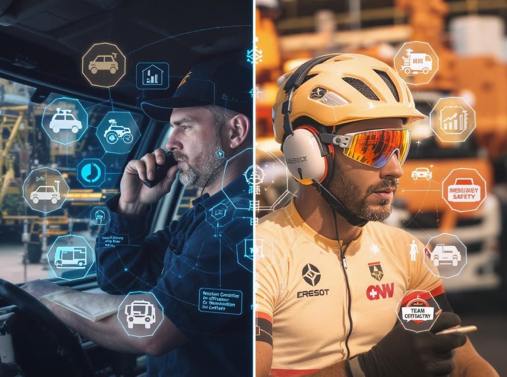 Professional drivers and cyclists using specialized communication equipment for safety