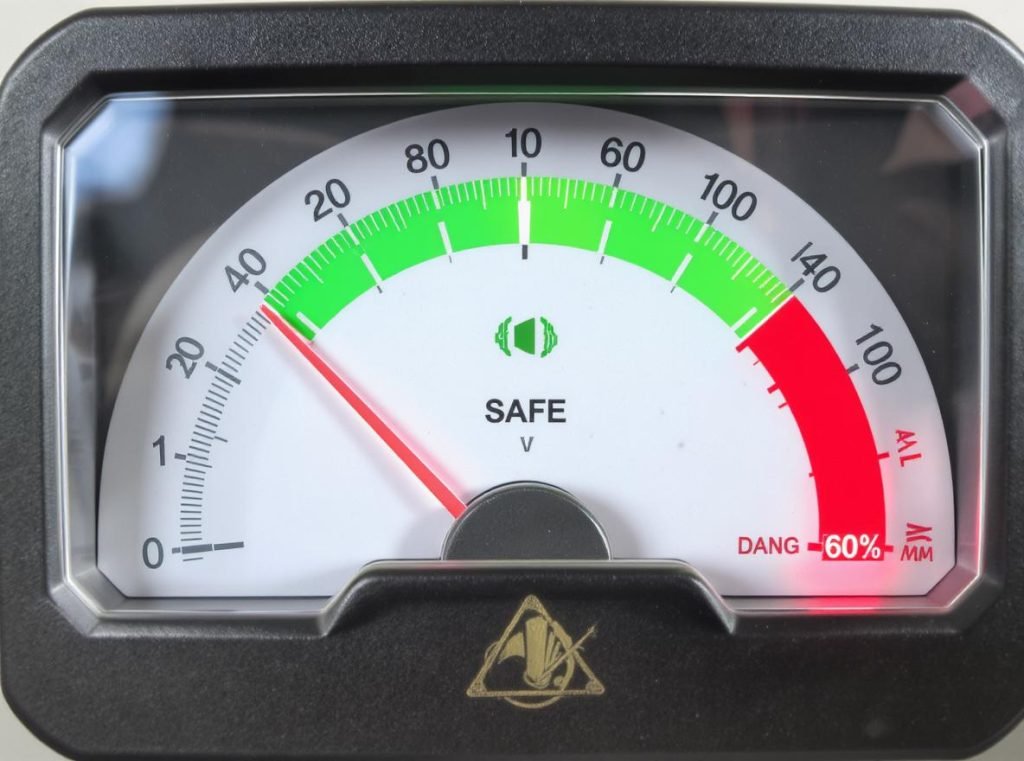 Volume meter showing safe 60% listening levels for noise-cancelling headphones with decibel measurements
