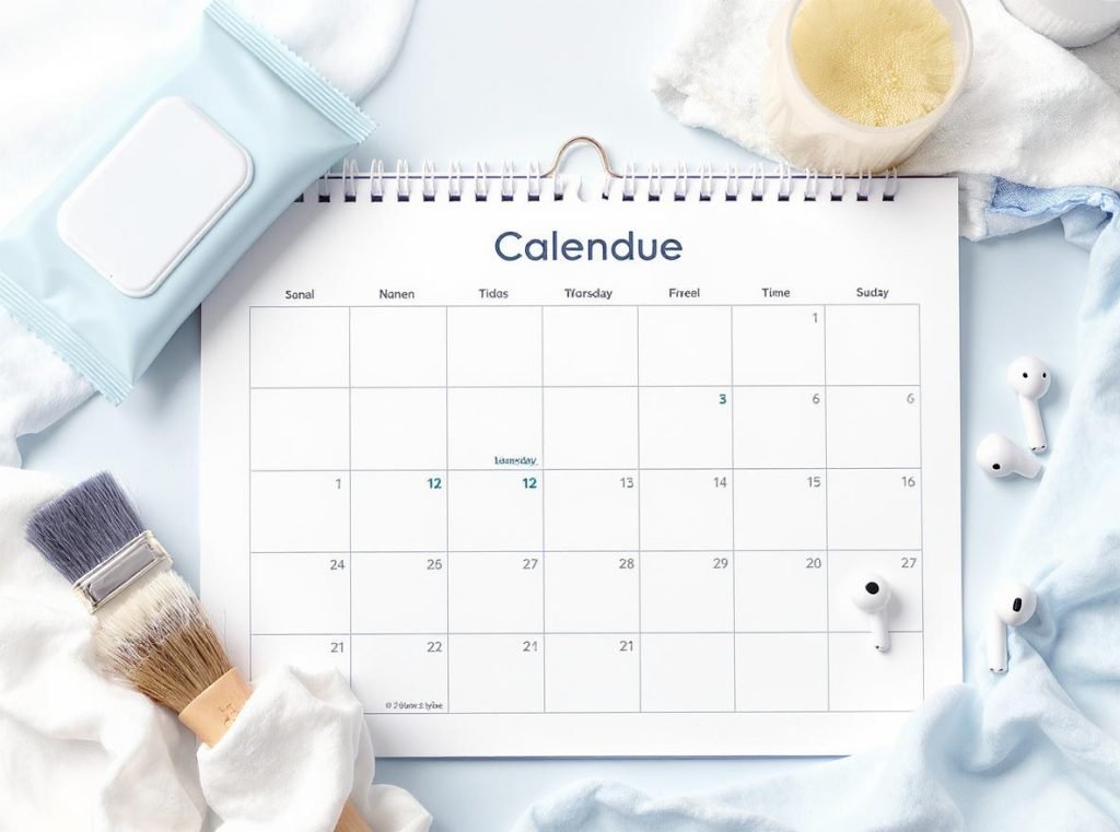 Professional earbud cleaning schedule showing weekly cleaning routine and supplies needed
