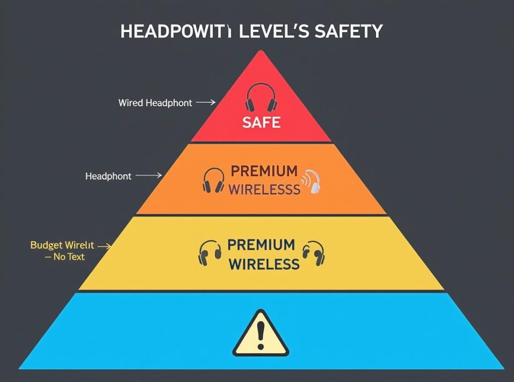 Headphone safety hierarchy showing wired headphones safest then premium wireless