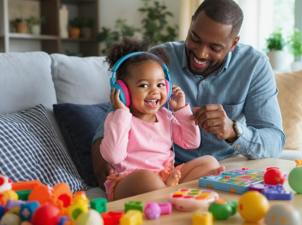 Toddler practicing wearing headphones at home with parent guidance before airplane travel