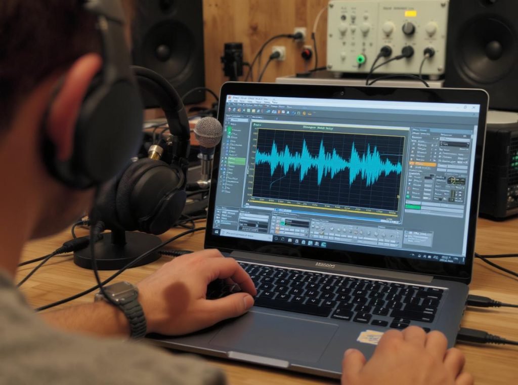 Professional testing headphone microphone quality using audio testing software and equipment