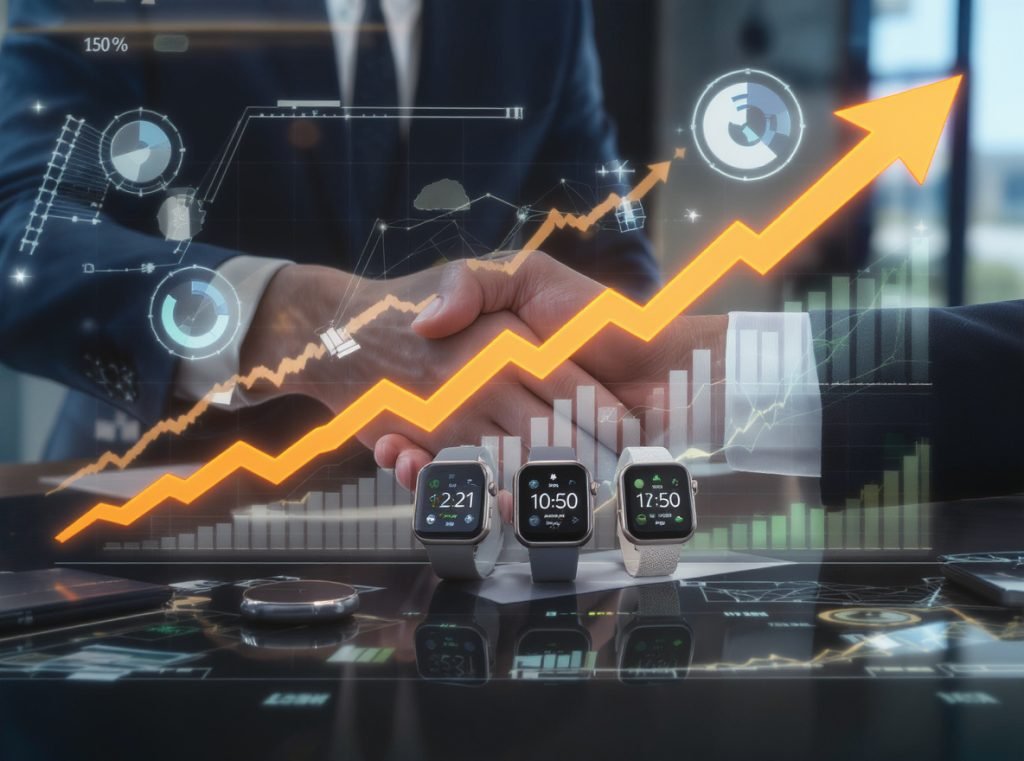 Business professionals discussing senior smartwatch market opportunities with growth charts