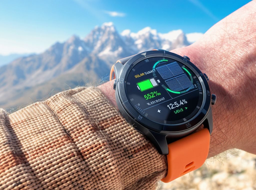 GPS smartwatch with solar charging technology extending battery life for hiking
