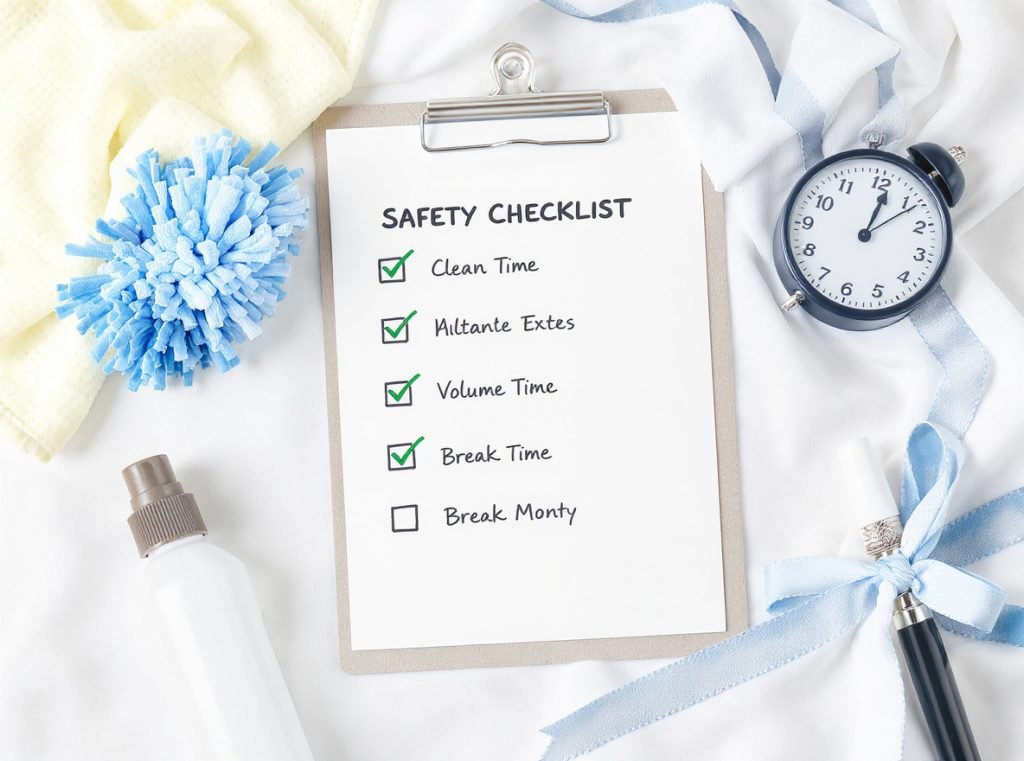 Safe earbud usage protocols including cleaning, volume limits, and break schedules