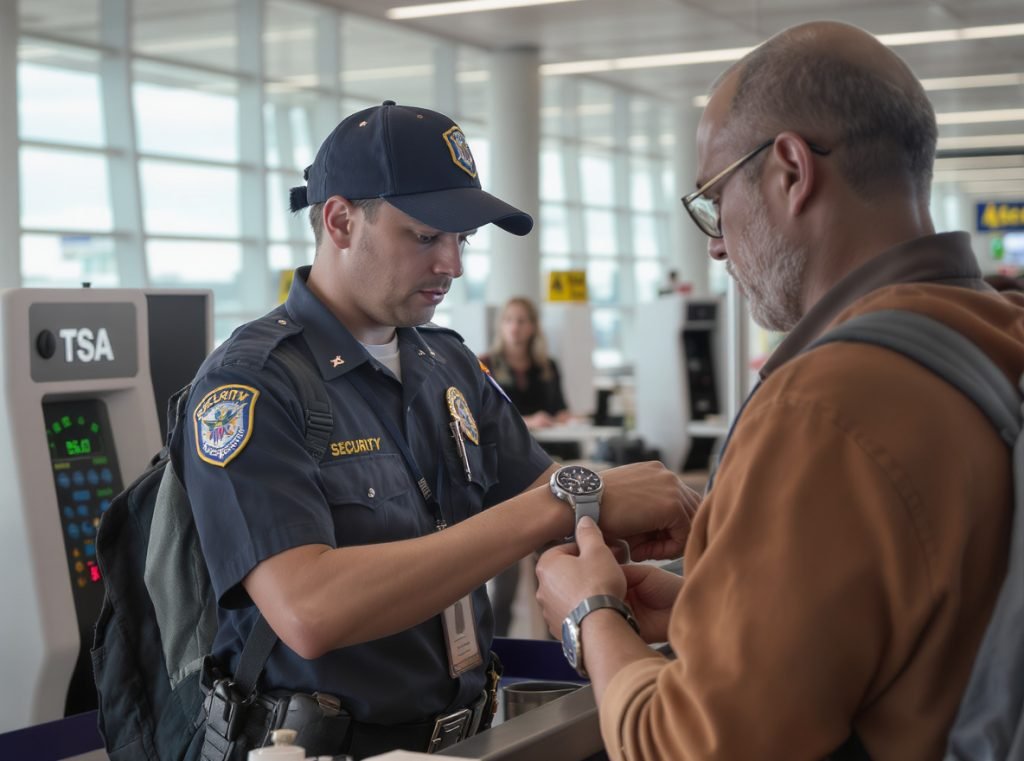 TSA security officer examining smartwatch during airport security screening