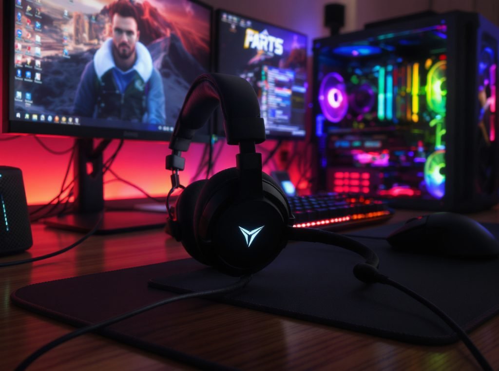 Professional gaming setup using regular headphones for competitive gaming