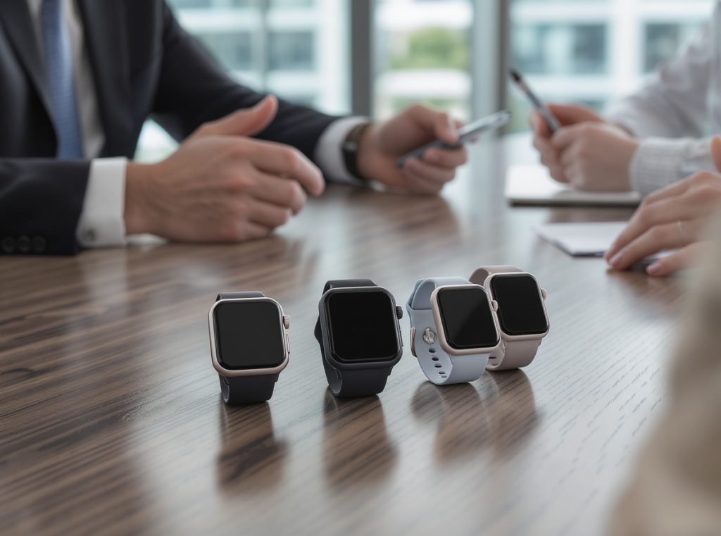 Wholesale smartwatch evaluation meeting with multiple watch models and business discussion