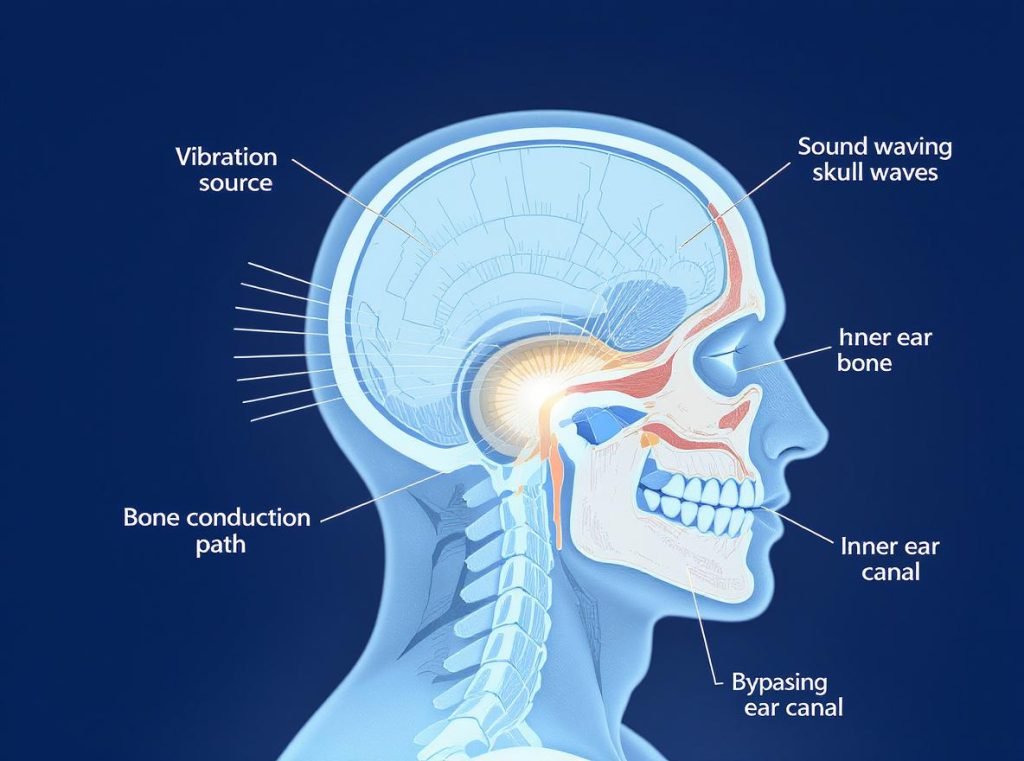Bone conduction headphone technology showing sound transmission through skull to inner ear