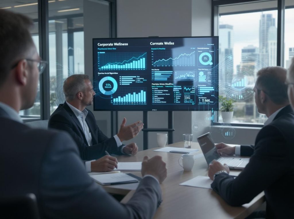 Business professionals analyzing smartwatch step tracking data for corporate wellness programs