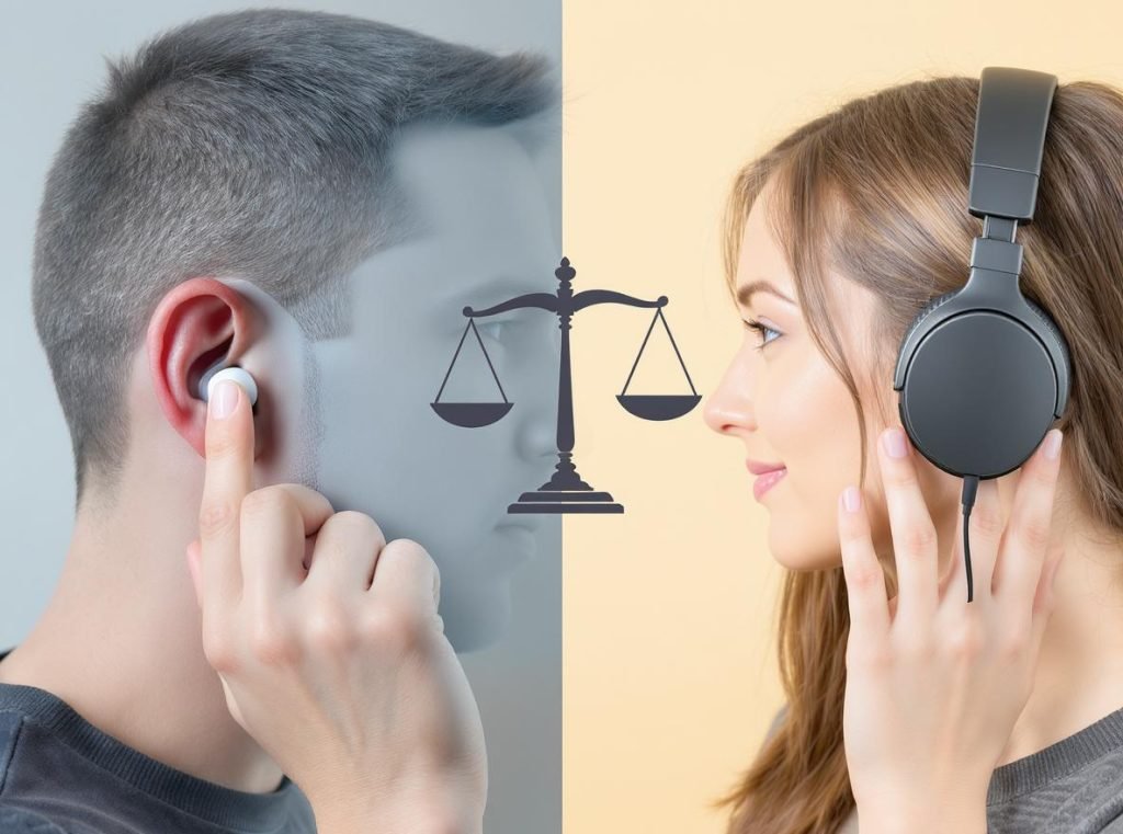 comparison between wireless earbuds and wired headphones showing consumer choice for audio safety